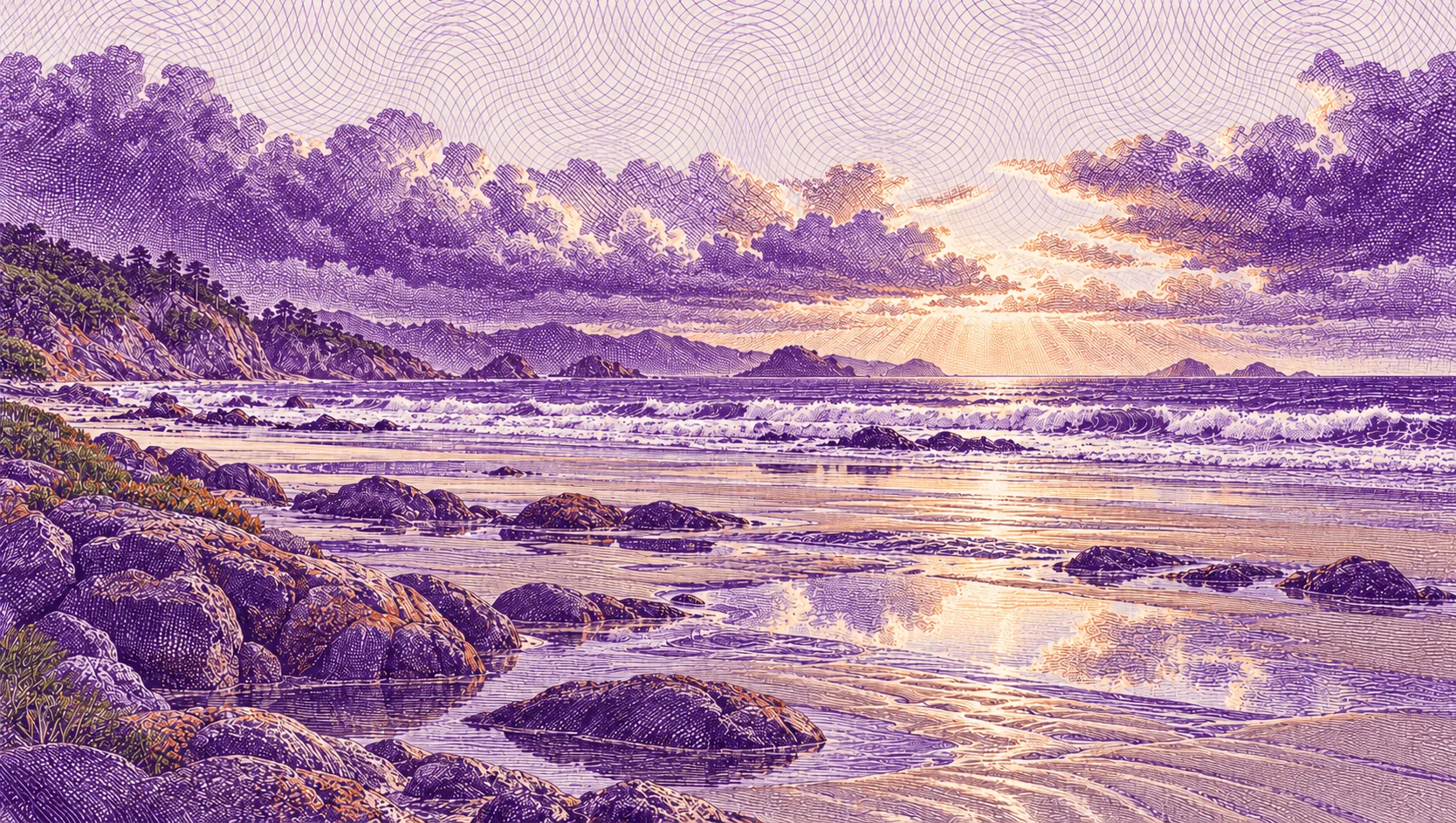 Purple engraved illustration of a beach under clearing rain clouds