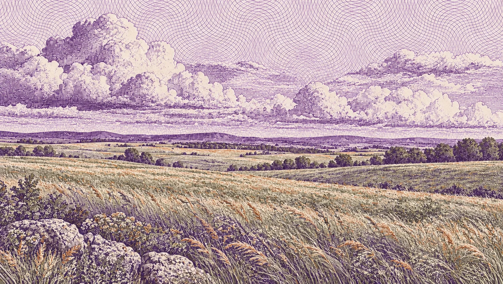 Purple engraved illustration of clouds stretching over an open prairie